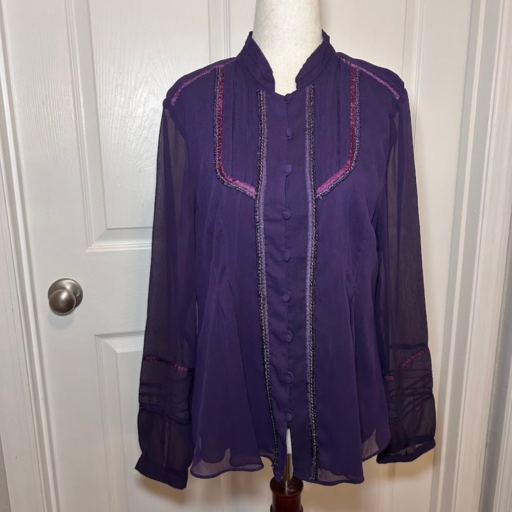 Coldwater Creek Women's Blouse Purple Medium Sheer Long Sleeve Office